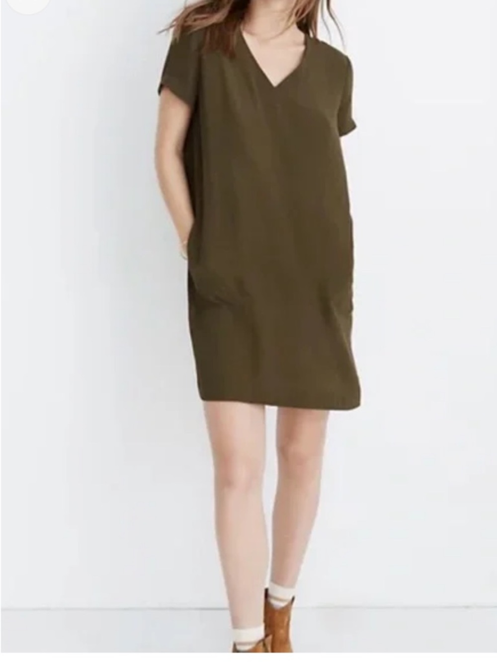 Madewell Olive Green V-Neck Mini Flowy Shift Dress NWT